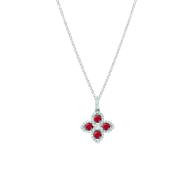 18 Karat White Gold Flower pendant With Rubies and Diamonds