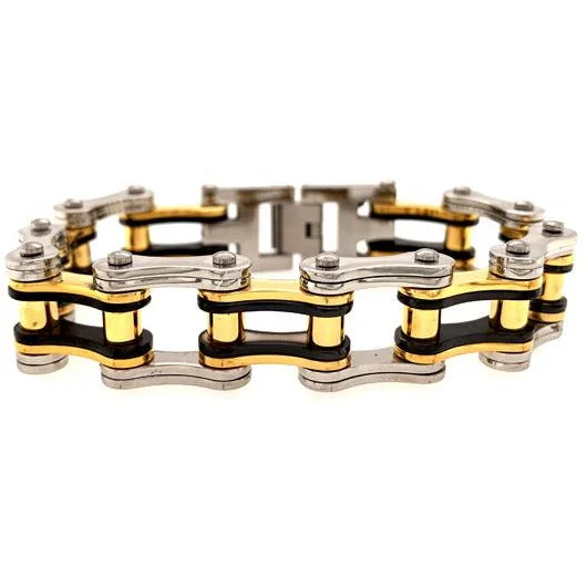 Stainless Steel Black And 18K Gold PVD Coated Bike Chain Bracelet / WCB1005