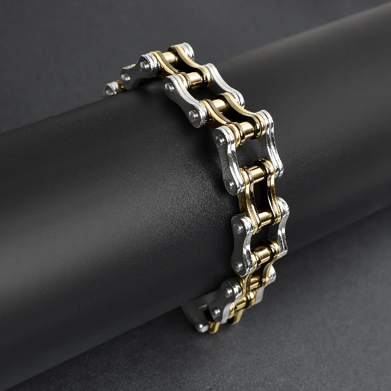 Stainless Steel Black And 18K Gold PVD Coated Bike Chain Bracelet / WCB1005