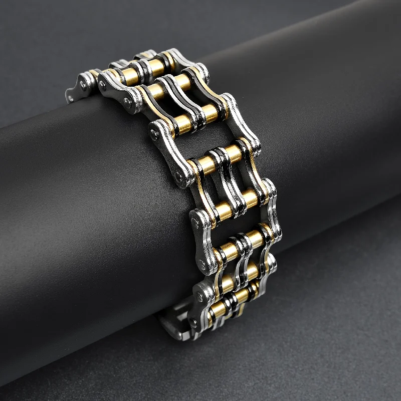 Stainless Steel Black And 18K Gold PVD Coated Double Bike Chain Bracelet / WCB1007