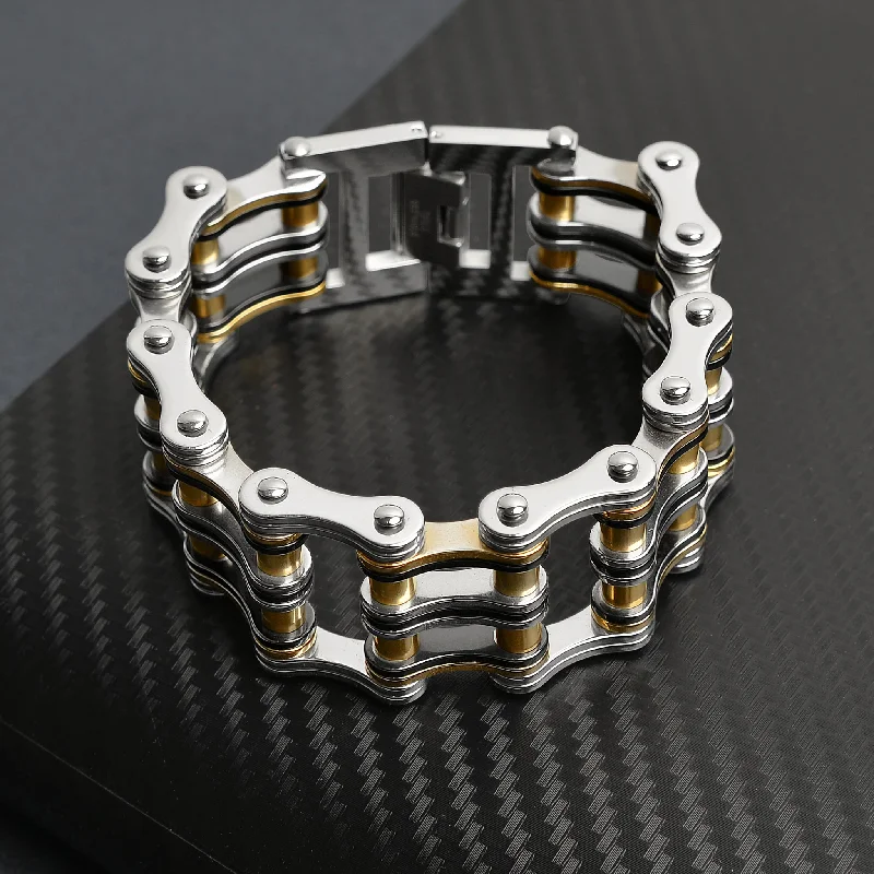 Stainless Steel Black And 18K Gold PVD Coated Double Bike Chain Bracelet / WCB1007