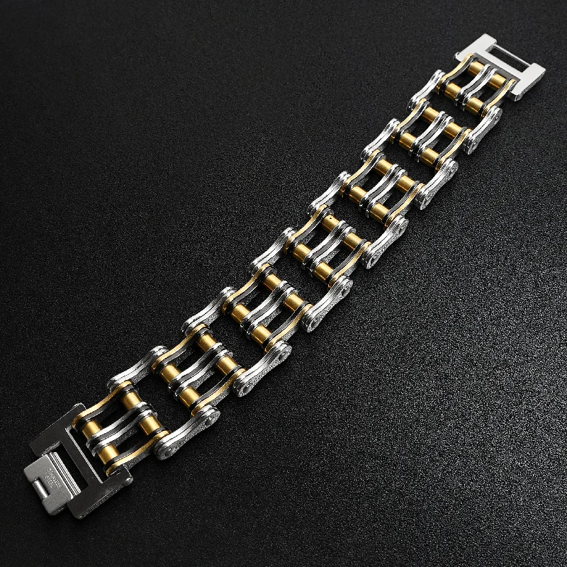 Stainless Steel Black And 18K Gold PVD Coated Double Bike Chain Bracelet / WCB1007