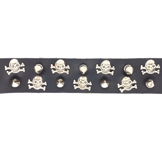 Black Leather Stainless Steel Skull And Crossbones Studded Bracelet / LBJ12553