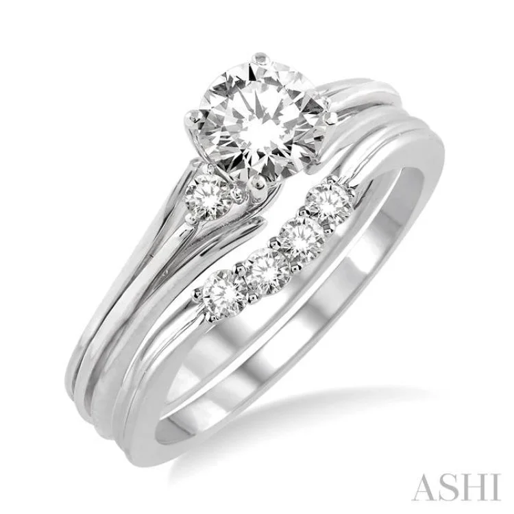 1/2 Ctw Diamond Wedding Set with 1/3 Ctw Round Cut Engagement Ring and 1/6 Ctw Wedding Band in 14K White Gold