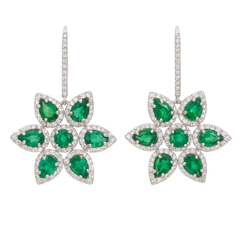 18K White Gold Emerald and Diamond Flower Earrings