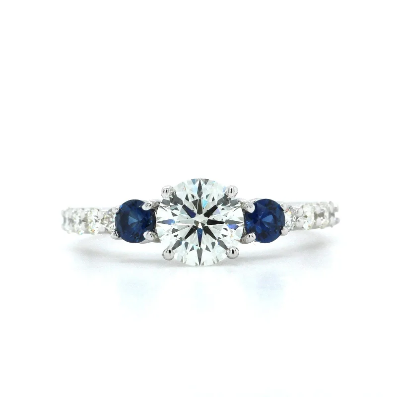 14k White Gold Diamond with Sapphire Sides Engagement Ring