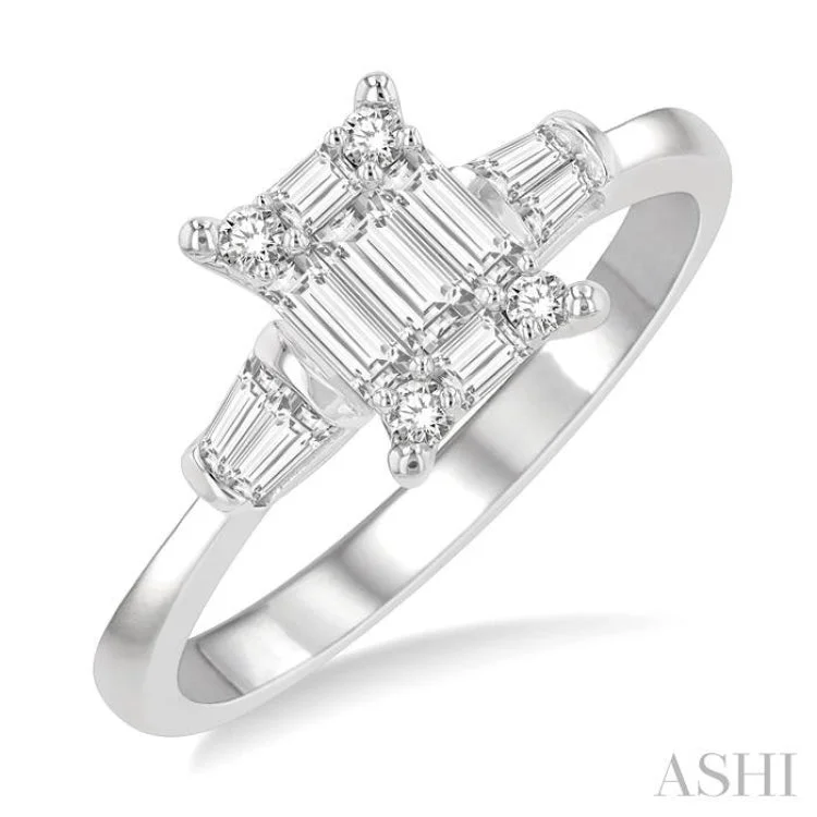 1/2 Ctw Modern Rectangular Head Baguette and Round Cut Diamond Ladies Ring in 14K White Gold