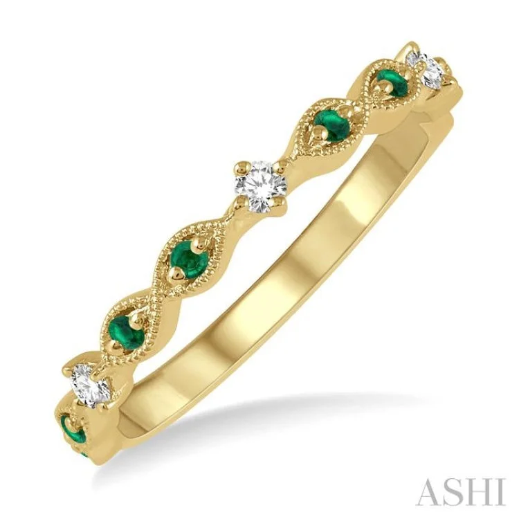 1.35 MM Round Cut Green Emerald and 1/10 Ctw Round Cut Diamond Half Eternity Wedding Band in 14K Yellow Gold