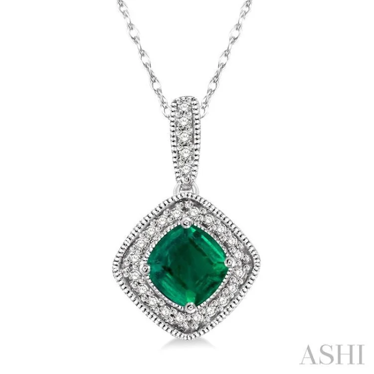 5x5 MM Cushion Shape Emerald and 1/5 Ctw Round Cut Diamond Pendant in 14K White Gold with Chain