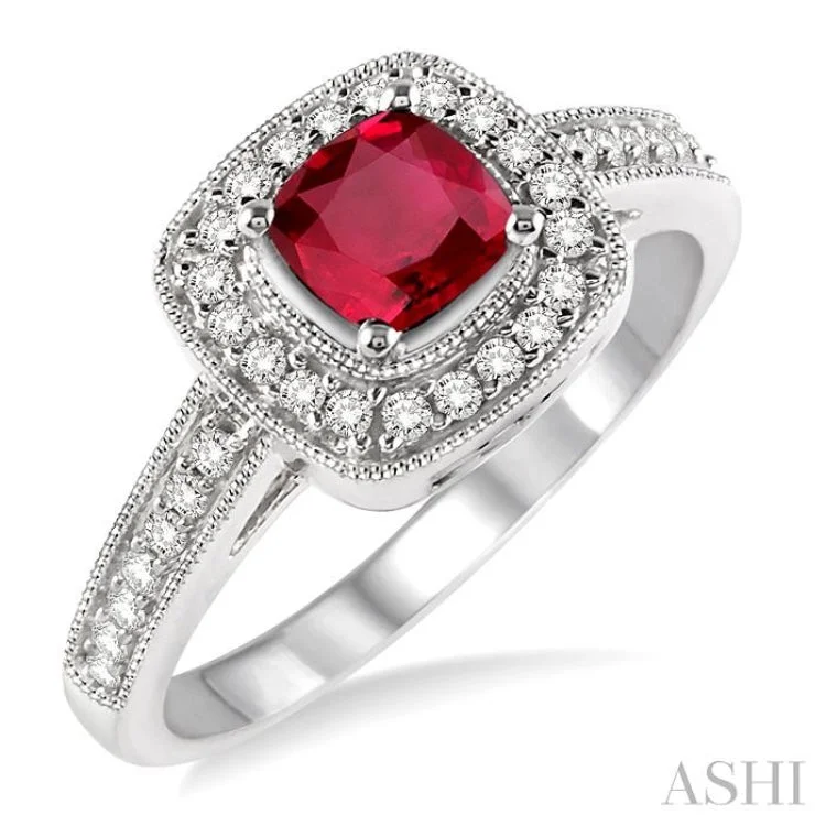 5x5 MM Cushion Shape Ruby and 1/4 Ctw Round Cut Diamond Ring in 14K White Gold