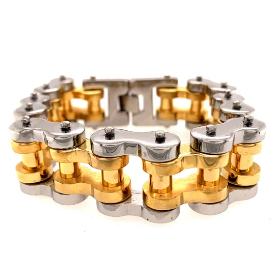 Stainless Steel And 18K Gold PVD Coated Bike Chain Bracelet / WCB1012