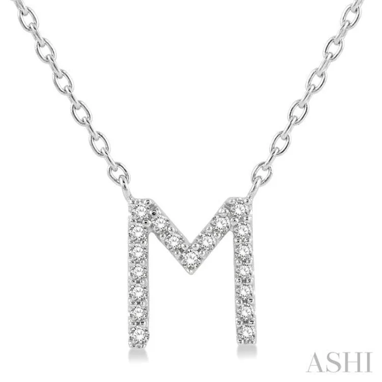 1/20 Ctw Initial 'M' Round Cut Diamond Pendant With Chain in 14K White Gold