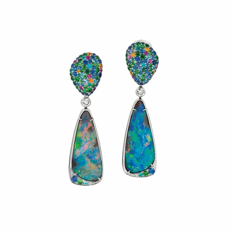 18K White Gold Boulder Opal and Diamond Earrings