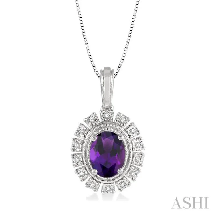 1/10 Ctw Oval Shape 8x6 MM Amethyst & Round Cut Diamond Semi Precious Pendant With Chain in 10K White Gold