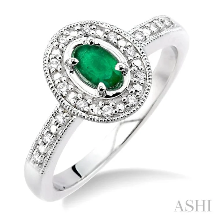 5x3 MM Oval Shape Emerald and 1/10 Ctw Single Cut Diamond Ring in 10K White Gold