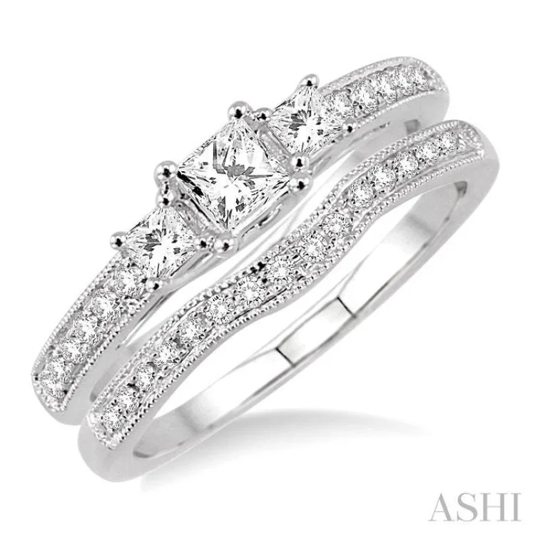 3/4 Ctw Diamond Wedding Set with 1/2 Ctw Princess Cut Engagement Ring and 1/5 Ctw Wedding Band in 14K White Gold