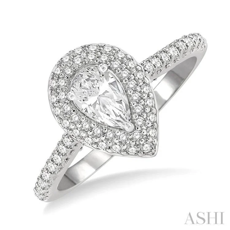 1 Ctw Round Cut Diamond Engagement Ring With 1/2 ct Pear Cut Center Stone in 14K White Gold