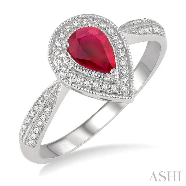 1/6 Ctw Pointed Shank 6X4MM Pear Cut Ruby & Round Cut Diamond Precious Ring in 10K White Gold