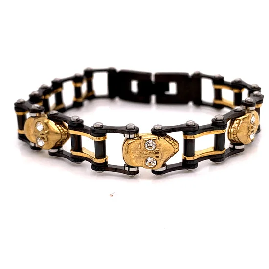 Stainless Steel Bike Chain Bracelet Black & Gold Skull With Colored CZ Eyes  / BRJ9010