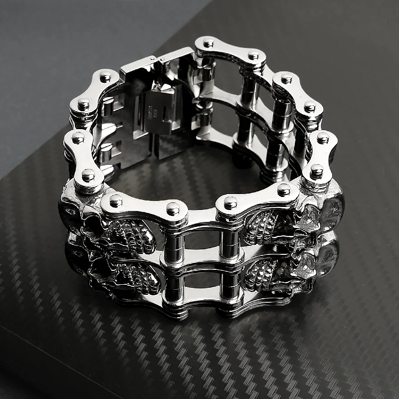 Stainless Steel Double Skull Bike Chain Bracelet / WCB1002