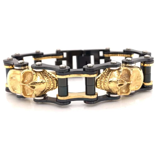 Stainless Steel Black And 18K Gold PVD Coated Skull Bracelet / WCB1003