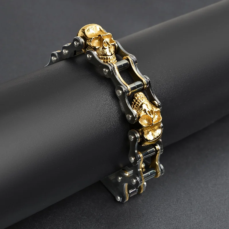 Stainless Steel Black And 18K Gold PVD Coated Skull Bracelet / WCB1003