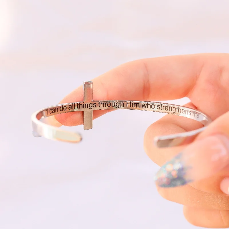 Stainless Steel Cross Cuff Bracelet with Christian Scripture Philippians 4:13 / BRJ1002