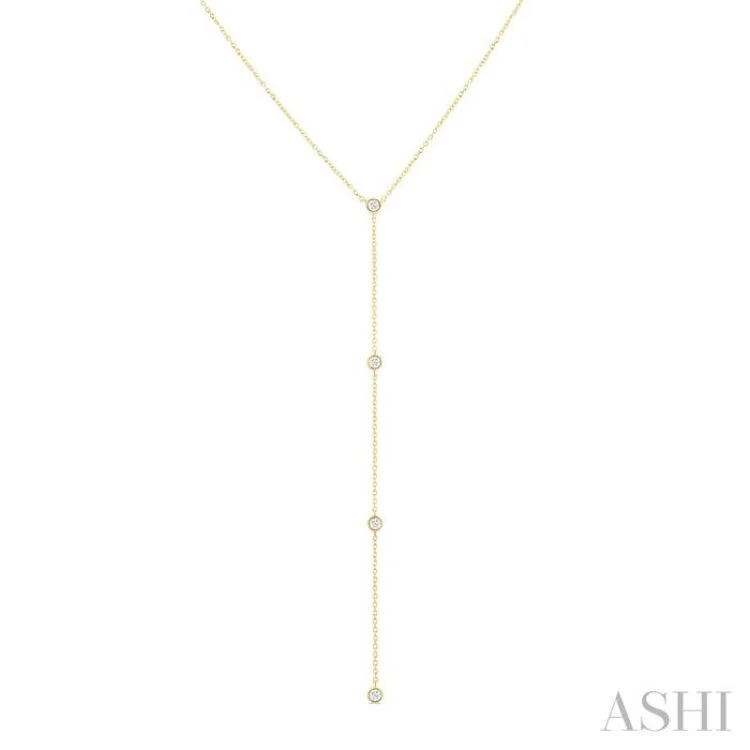 1/6 Ctw Bezel Set 4-Stone Round Cut Diamond Y-Shape Lariat Station Necklace in 14K Yellow Gold