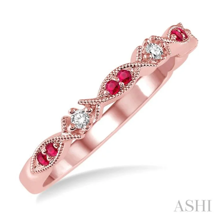 1.25 MM Round Cut Ruby and 1/20 Ctw Round Cut Diamond Half Eternity Wedding Band in 14K Rose Gold