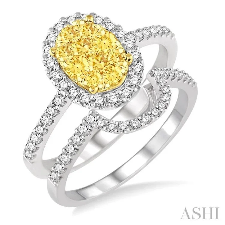 1 Ctw Oval Shape Yellow and White Diamond Lovebright Wedding Set with 3/4 Ctw Engagement Ring and 1/4 Ctw Wedding Band in 14K White and Yellow Gold