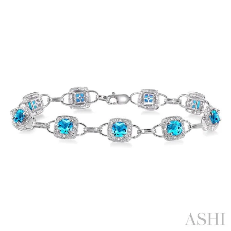 5x5MM Cushion Cut Blue Topaz and 1/6 Ctw Single Cut Diamond Bracelet in 10K White Gold