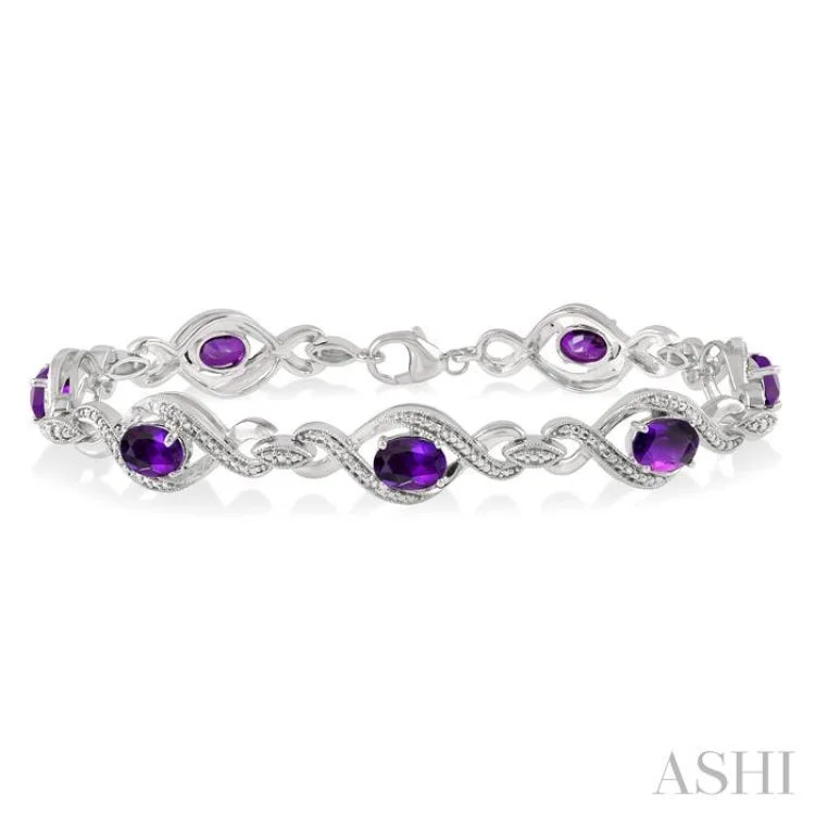 1/10 Ctw Round Cut Diamond & 7x5MM Oval Cut Amethyst Semi Precious Bracelet in Sterling Silver