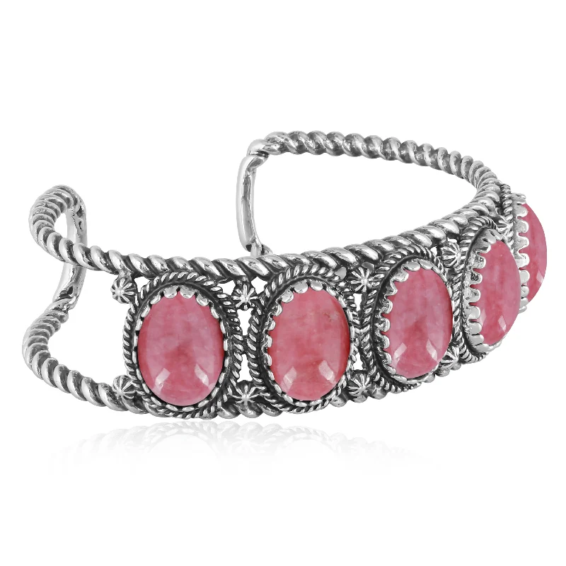 Sterling Silver Rhodonite Gemstone Rope Design 5-Stone Cuff Bracelet, Sizes Small to Large