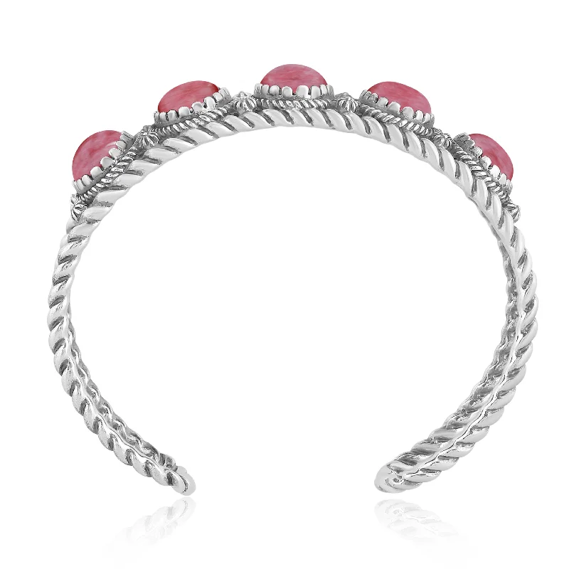 Sterling Silver Rhodonite Gemstone Rope Design 5-Stone Cuff Bracelet, Sizes Small to Large