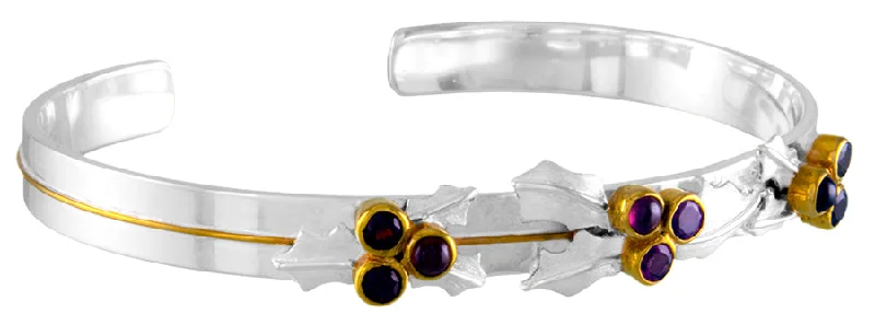 Sterling Silver 22Kt. Yellow Gold Vermeil Mistletoe Cuff Bangle Multiple Genuine Gemstones By Michou