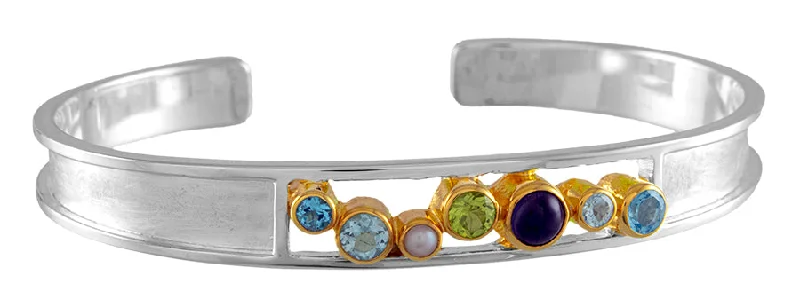 Sterling Silver 22Kt. Yellow Gold Vermeil Cuff Bangle Multiple Genuine Gemstones By Michou