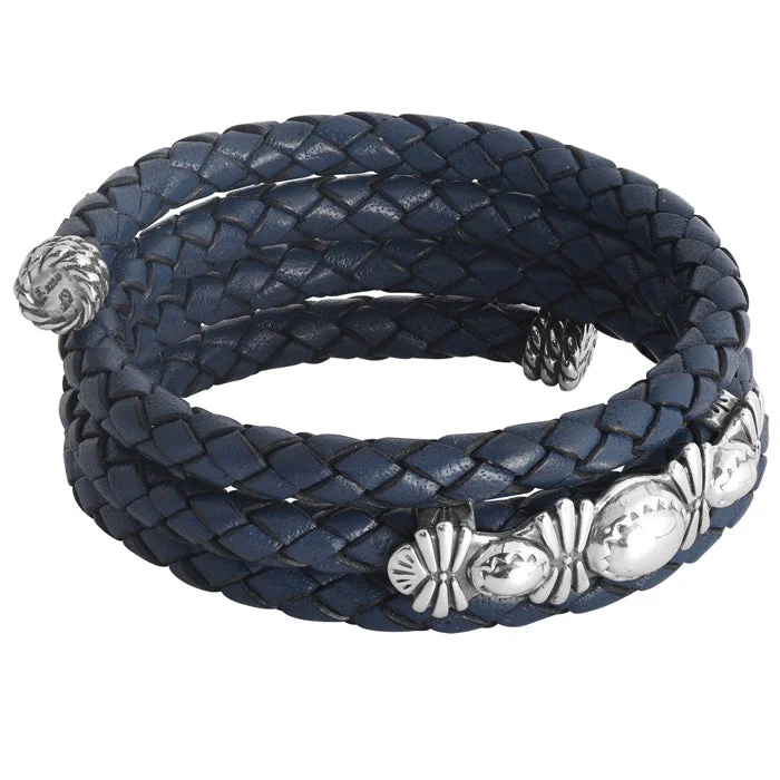 Sterling Silver Blue Braided Leather Coil Wrap Bracelet One Size Fits Most