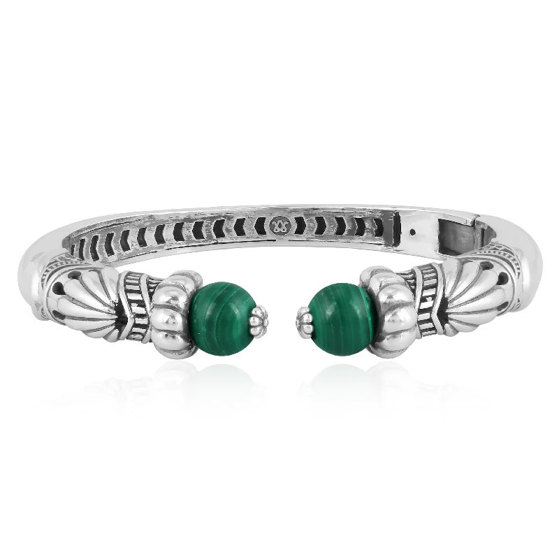 Sterling Silver Malachite Gemstone Hinged Cuff Bracelet, Size Medium