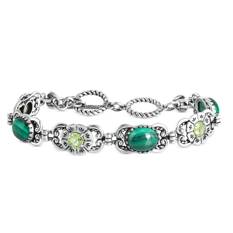 Sterling Silver Malachite and Peridot Concha Link Bracelet, Size Small to Large