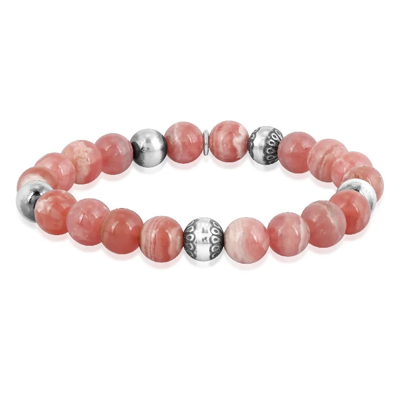 Sterling Silver Rhodochrosite Gemstone Stretch Bracelet Sizes Small to Large