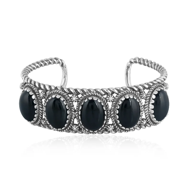 EXCLUSIVELY OURS! Sterling Silver with Black Agate Gemstone Rope Design Women's Cuff Bracelet, Size Small - Large