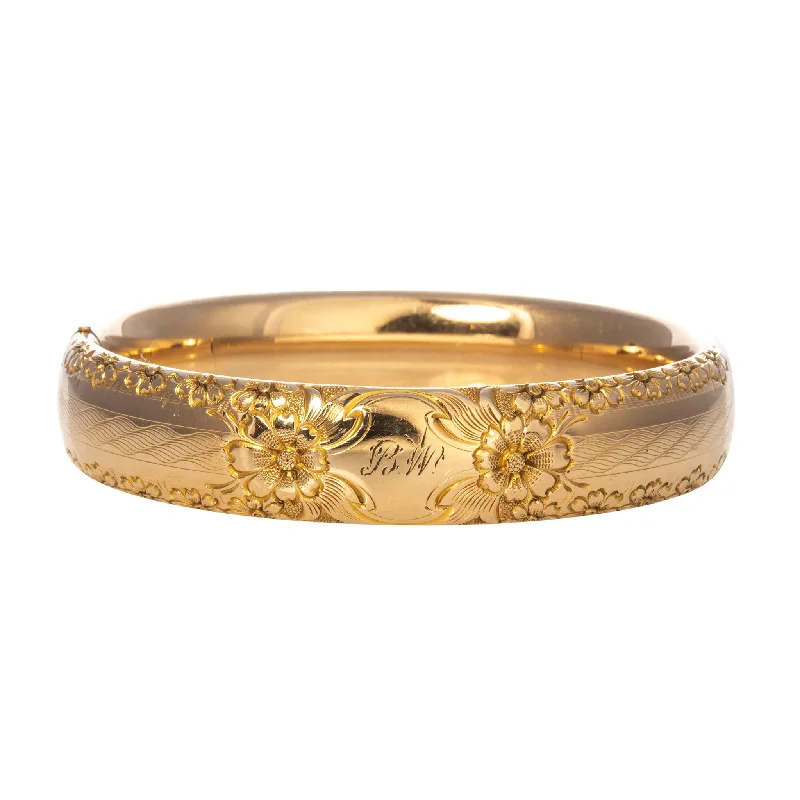 Vintage Engraved Floral Pattern Gold-Filled Bangle