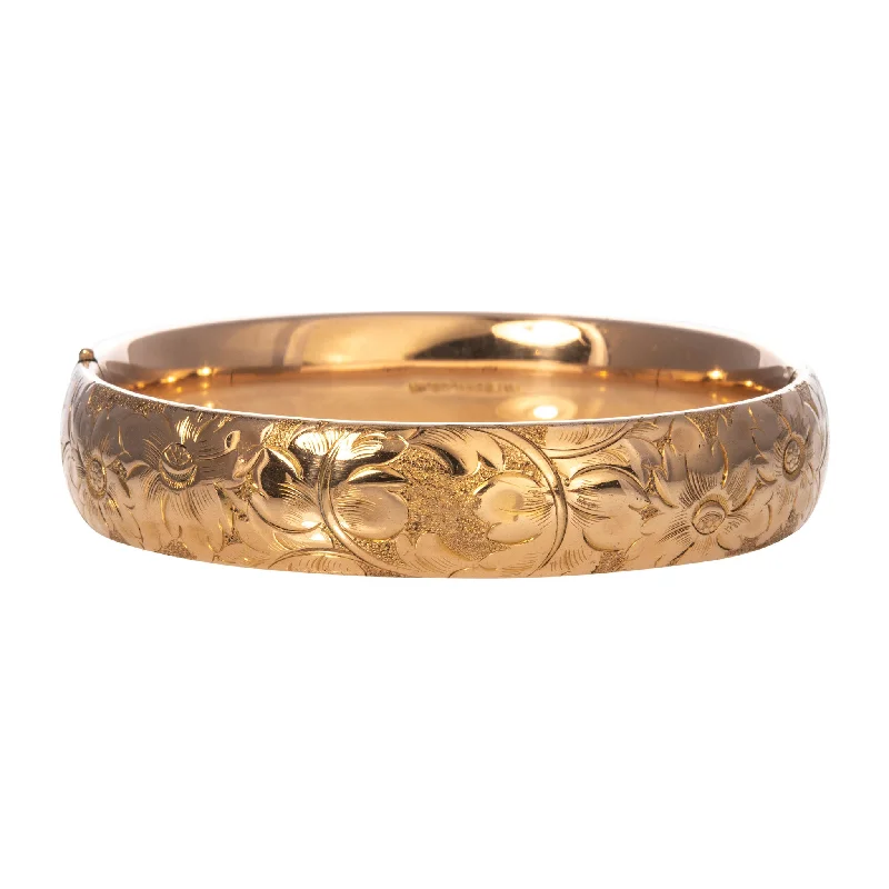 Vintage Engraved Repoussé Floral Pattern Gold-Filled Bangle