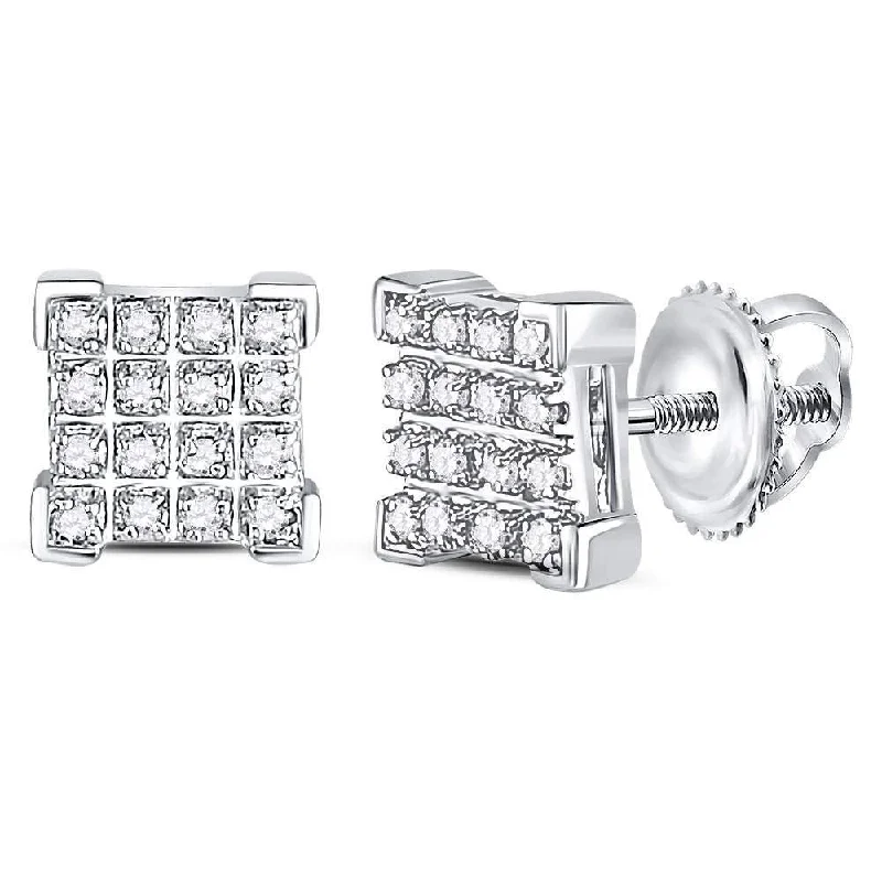 10kt White Gold Mens Round Diamond Square Cluster Earrings 1/10 Cttw