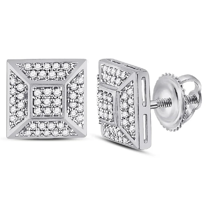 10kt White Gold Mens Round Diamond Square Cluster Stud Earrings 1/5 Cttw