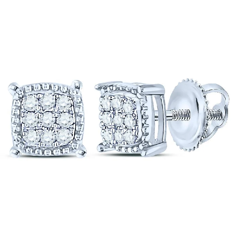 10kt White Gold Round Diamond Square Milgrain Cluster Earrings 1/10 Cttw