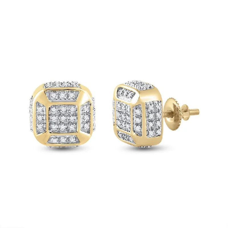 10kt Yellow Gold Mens Round Diamond Cushion Cluster Earrings 1/4 Cttw