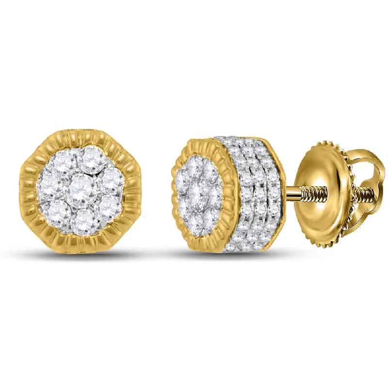 10kt Yellow Gold Mens Round Diamond Fluted Hexagon Cluster Stud Earrings 3/4 Cttw