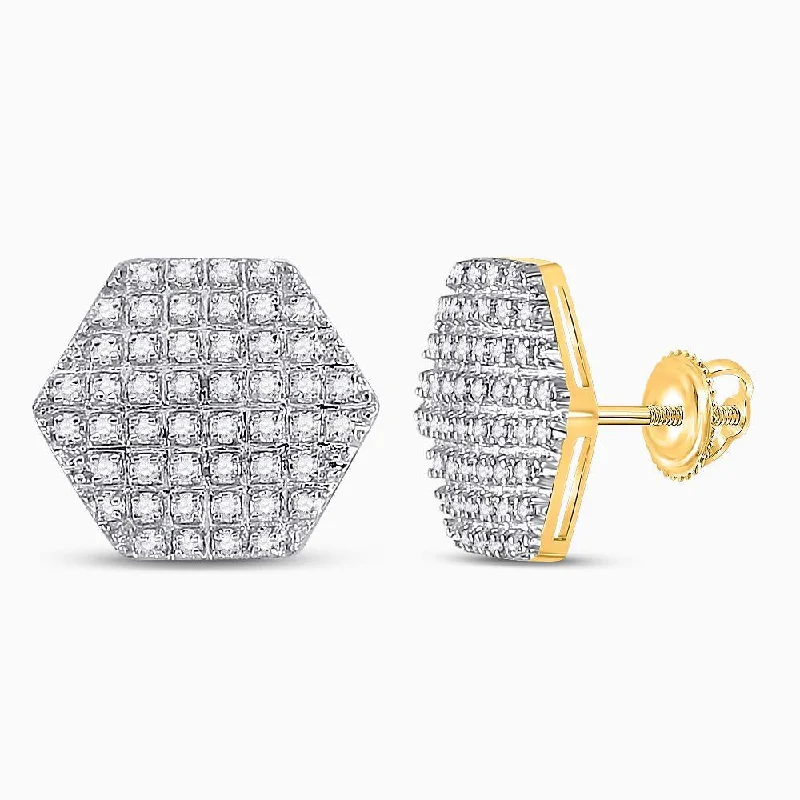 10kt Yellow Gold Mens Round Diamond Hexagon Stud Earrings 1/3 Cttw