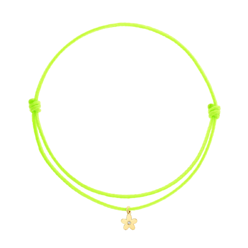 14K Yellow Gold / Neon Green Cord / Diamond Flower